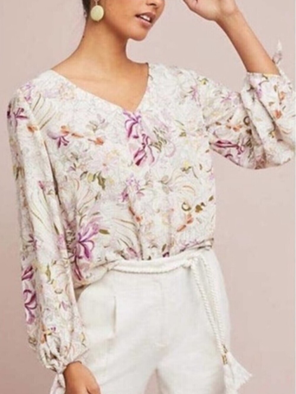 Anthropologie Maeve Pernille Floral Tie Cuff Blouse S